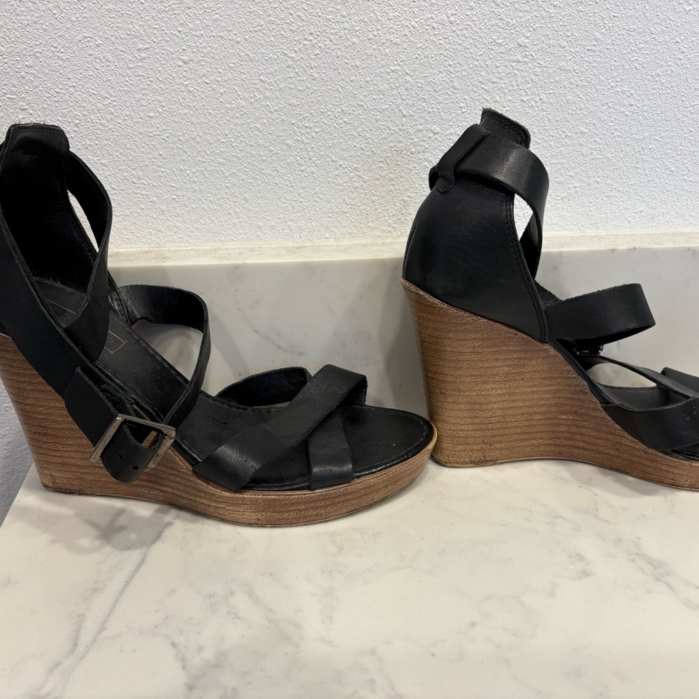 TopShop Black Leather Wedge Sandals